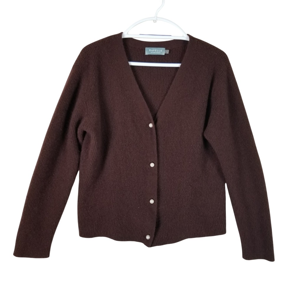 Ravella Cardigan Sweater Womens XL Brown 100% Cashmere Pearl Button V-Neck Rib